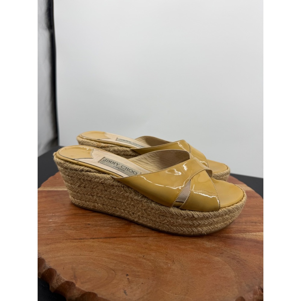 Jimmy Choo Panna Espadrille Slide Sandal Women 38 Tan Patent Leather Platform